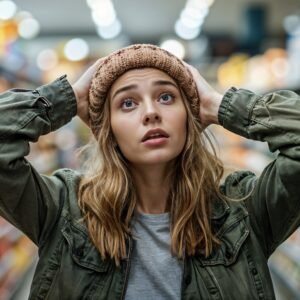 A woman gripping a shopping cart in a grocery store aisle, looking overwhelmed and anxious.