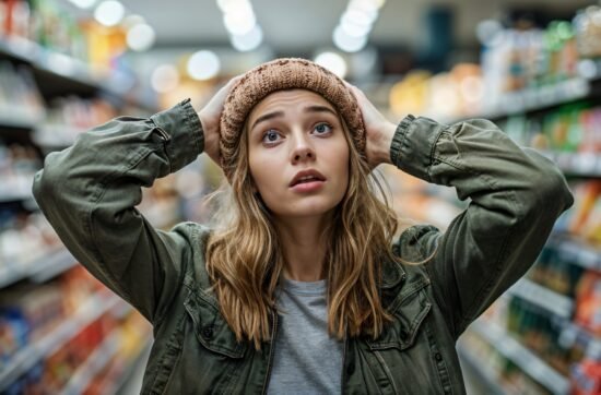A woman gripping a shopping cart in a grocery store aisle, looking overwhelmed and anxious.