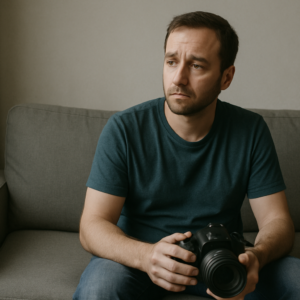 A man sitting quietly with a camera on his lap, staring into the distance with no motivation to use it.