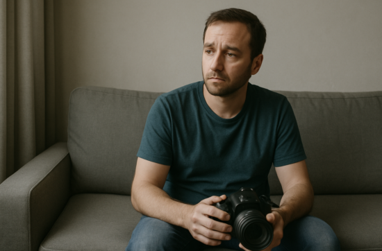 A man sitting quietly with a camera on his lap, staring into the distance with no motivation to use it.