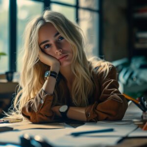 A young woman sitting at a desk with her head resting on her arms, surrounded by unfinished work, reflecting exhaustion and lack of motivation.