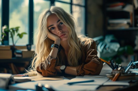 A young woman sitting at a desk with her head resting on her arms, surrounded by unfinished work, reflecting exhaustion and lack of motivation.