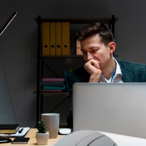 A young professional man sitting at his desk with a laptop open, looking anxious despite appearing successful at work.