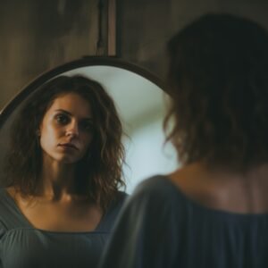 A young woman standing in front of a mirror with a serious expression, looking down and avoiding her reflection.