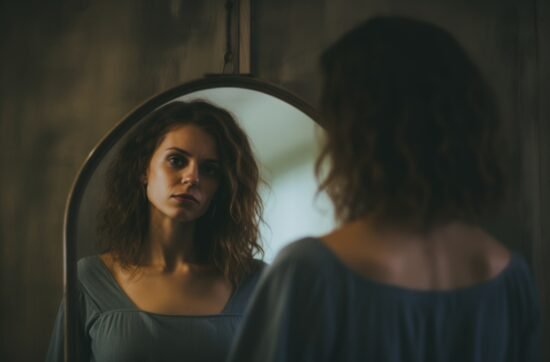 A young woman standing in front of a mirror with a serious expression, looking down and avoiding her reflection.