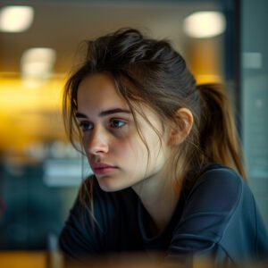 A young woman sitting at a desk with her head slightly lowered, nervously saying sorry during a conversation.