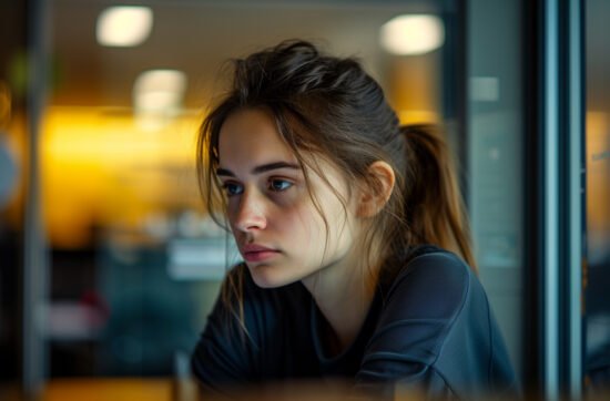 A young woman sitting at a desk with her head slightly lowered, nervously saying sorry during a conversation.