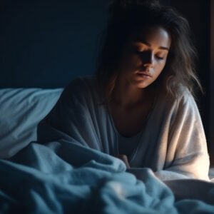 A woman sitting on the edge of her bed in the morning, looking exhausted with her head in her hands despite a full night of sleep.