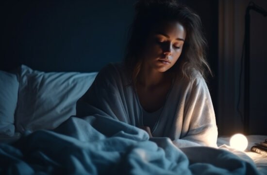 A woman sitting on the edge of her bed in the morning, looking exhausted with her head in her hands despite a full night of sleep.